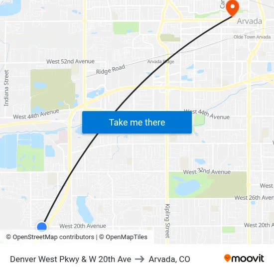 Denver West Pkwy & W 20th Ave to Arvada, CO map