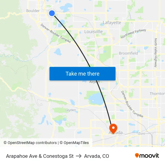 Arapahoe Ave & Conestoga St to Arvada, CO map