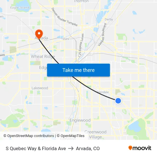S Quebec Way & Florida Ave to Arvada, CO map