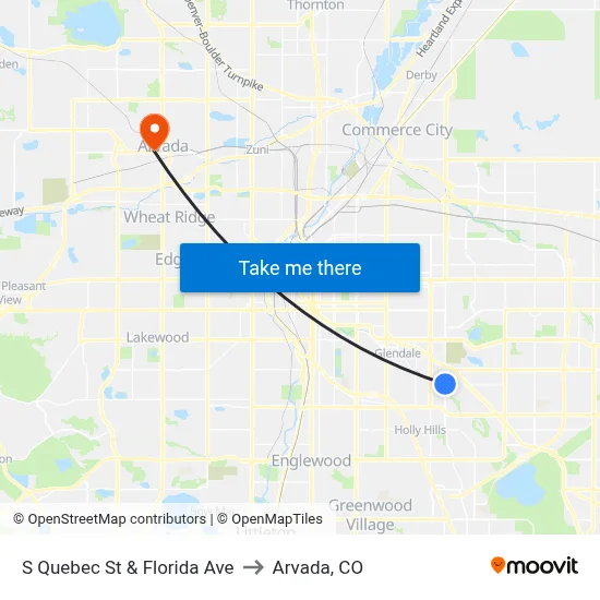 S Quebec St & Florida Ave to Arvada, CO map