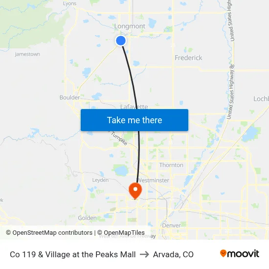 Co 119 & Village at the Peaks Mall to Arvada, CO map