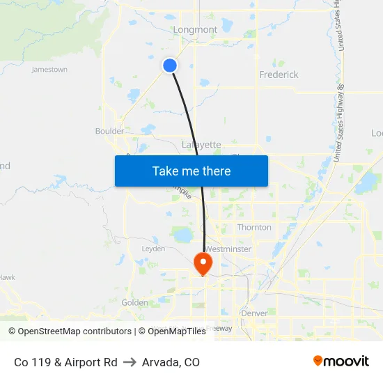Co 119 & Airport Rd to Arvada, CO map
