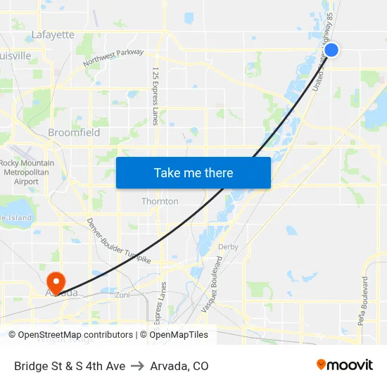 Bridge St & S 4th Ave to Arvada, CO map