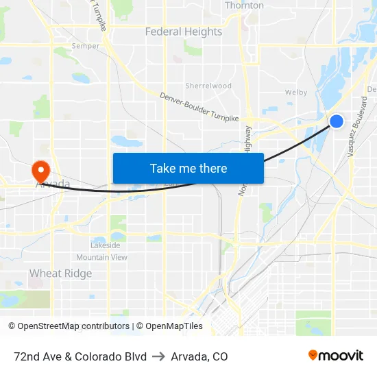 72nd Ave & Colorado Blvd to Arvada, CO map