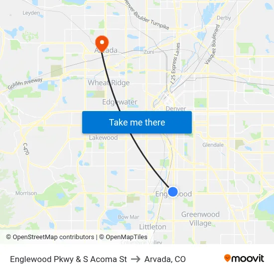 Englewood Pkwy & S Acoma St to Arvada, CO map
