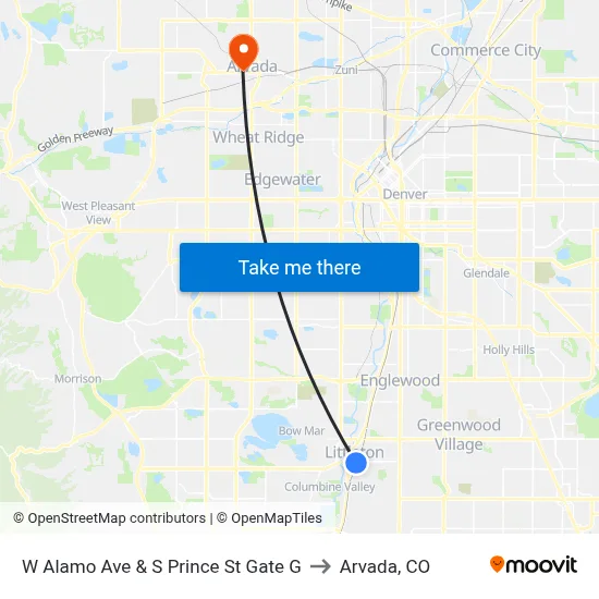W Alamo Ave & S Prince St Gate G to Arvada, CO map