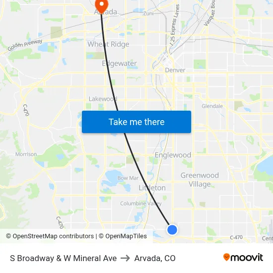 S Broadway & W Mineral Ave to Arvada, CO map