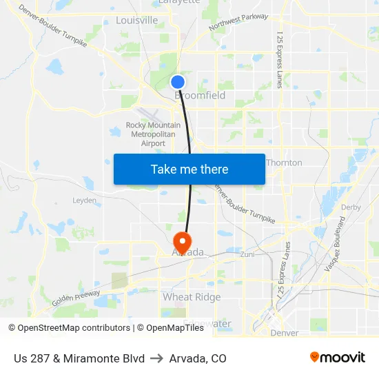 Us 287 & Miramonte Blvd to Arvada, CO map
