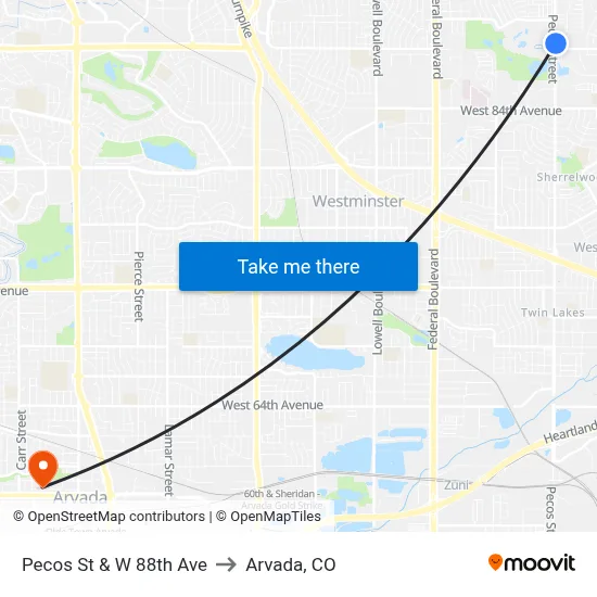 Pecos St & W 88th Ave to Arvada, CO map