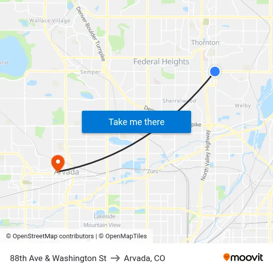 88th Ave & Washington St to Arvada, CO map