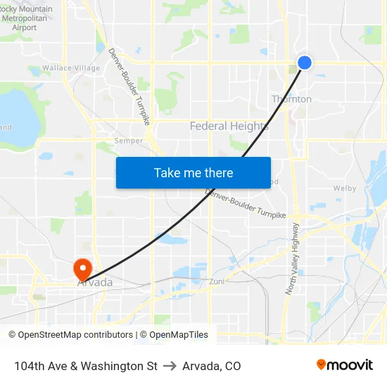104th Ave & Washington St to Arvada, CO map