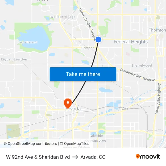 W 92nd Ave & Sheridan Blvd to Arvada, CO map