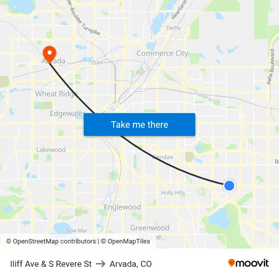 Iliff Ave & S Revere St to Arvada, CO map