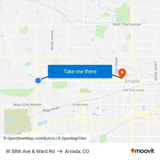 W 58th Ave & Ward Rd to Arvada, CO map