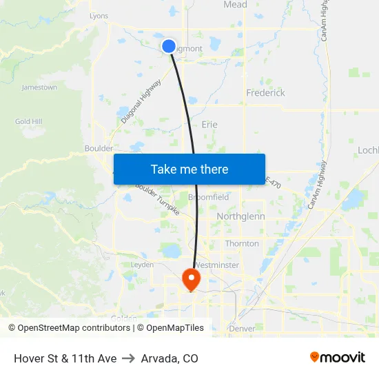Hover St & 11th Ave to Arvada, CO map