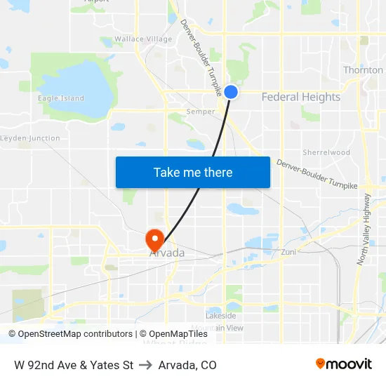 W 92nd Ave & Yates St to Arvada, CO map