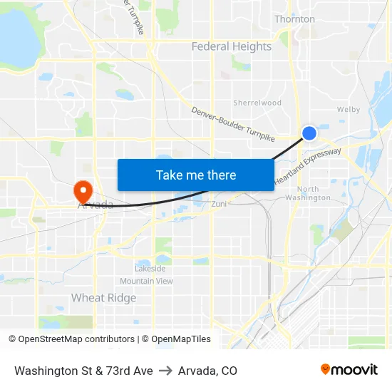 Washington St & 73rd Ave to Arvada, CO map