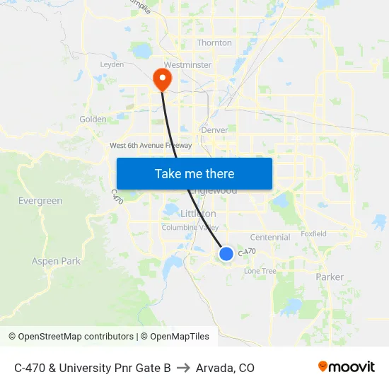 C-470 & University Pnr Gate B to Arvada, CO map