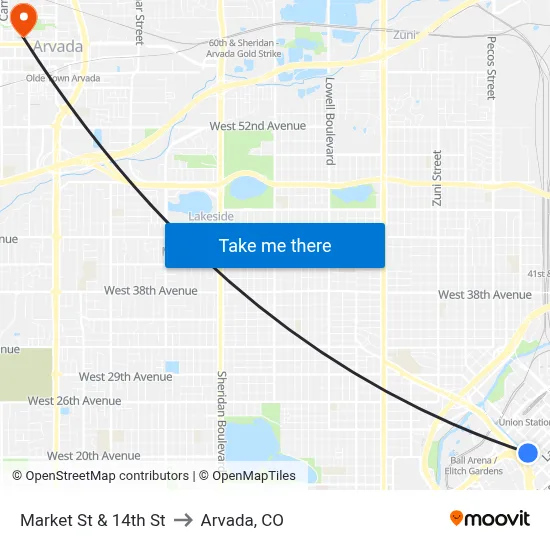Market St & 14th St to Arvada, CO map