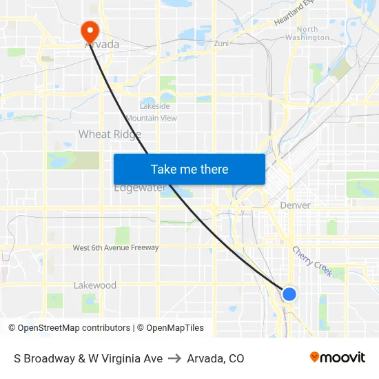 S Broadway & W Virginia Ave to Arvada, CO map