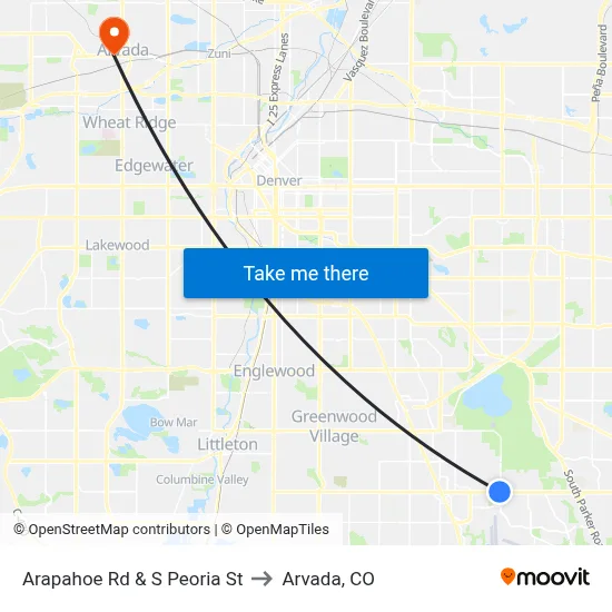 Arapahoe Rd & S Peoria St to Arvada, CO map