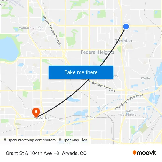 Grant St & 104th Ave to Arvada, CO map