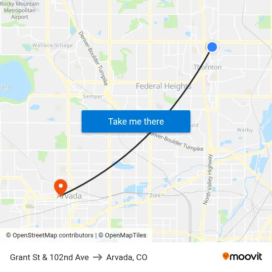 Grant St & 102nd Ave to Arvada, CO map