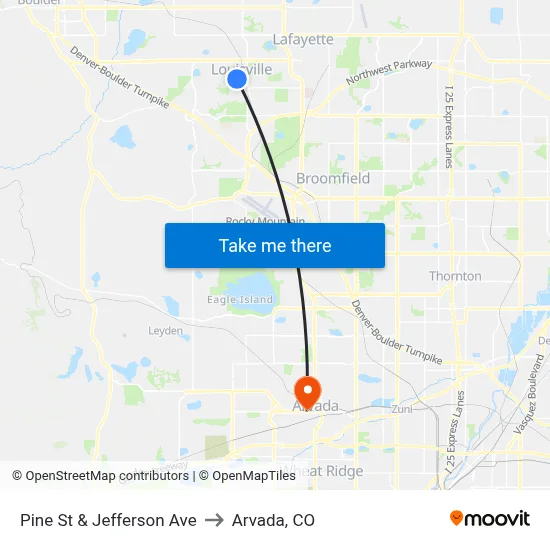 Pine St & Jefferson Ave to Arvada, CO map