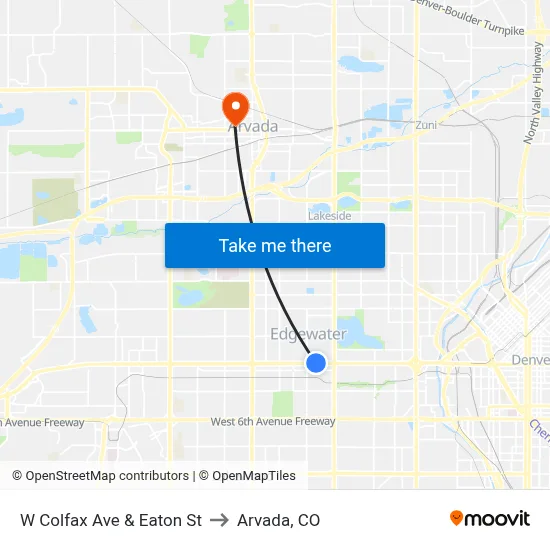 W Colfax Ave & Eaton St to Arvada, CO map