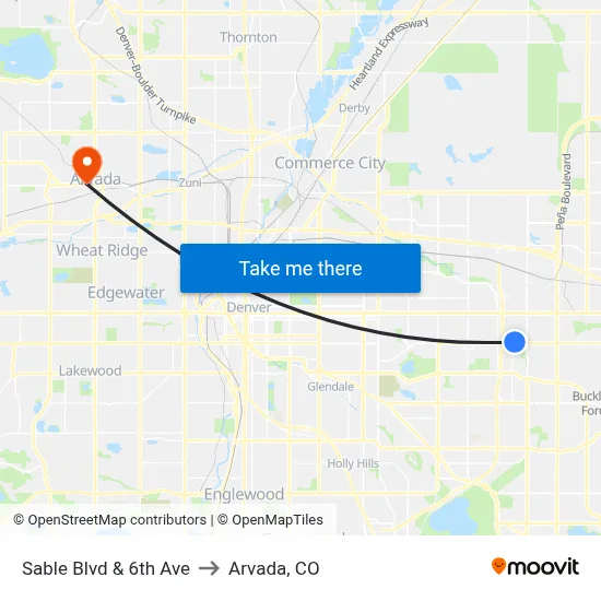 Sable Blvd & 6th Ave to Arvada, CO map