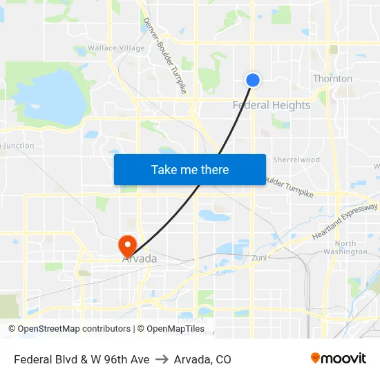 Federal Blvd & W 96th Ave to Arvada, CO map