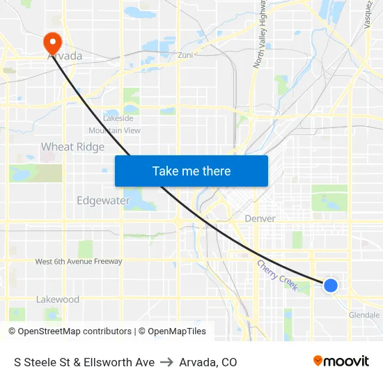 S Steele St & Ellsworth Ave to Arvada, CO map