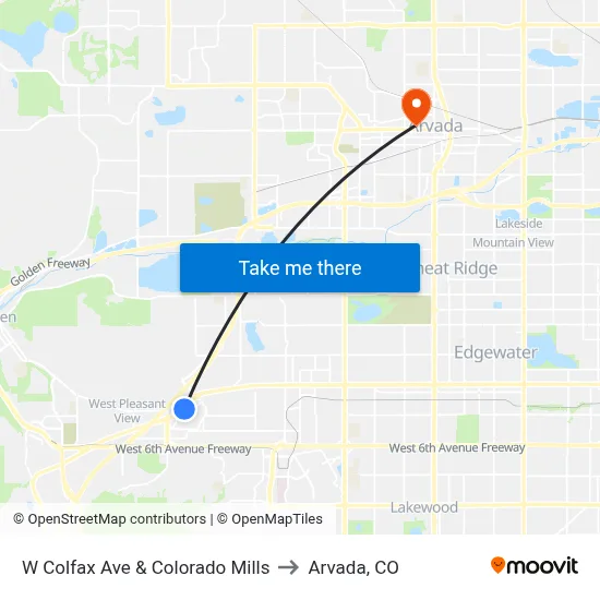 W Colfax Ave & Colorado Mills to Arvada, CO map