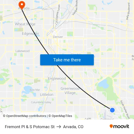 Fremont Pl & S Potomac St to Arvada, CO map