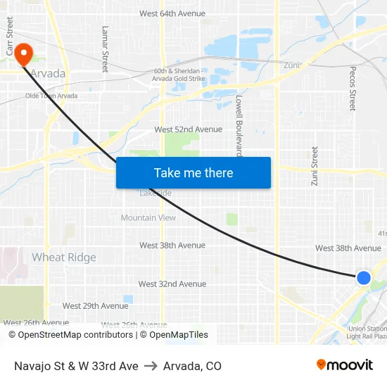 Navajo St & W 33rd Ave to Arvada, CO map