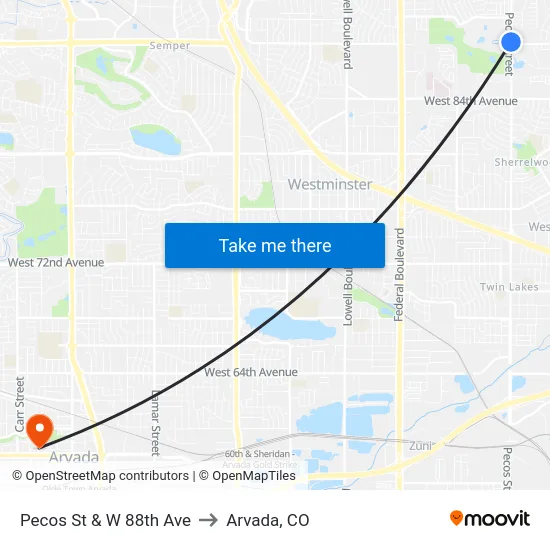 Pecos St & W 88th Ave to Arvada, CO map