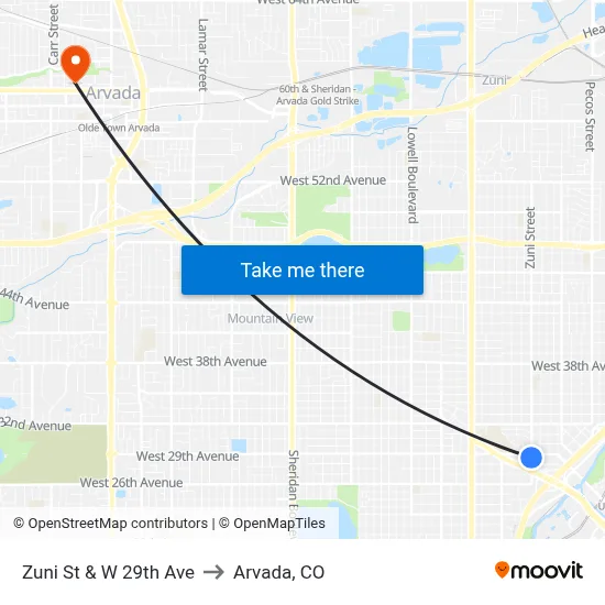 Zuni St & W 29th Ave to Arvada, CO map