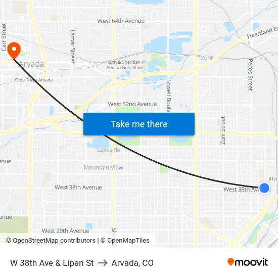 W 38th Ave & Lipan St to Arvada, CO map