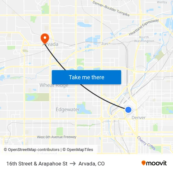 16th Street & Arapahoe St to Arvada, CO map