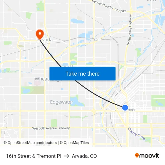 16th Street & Tremont Pl to Arvada, CO map