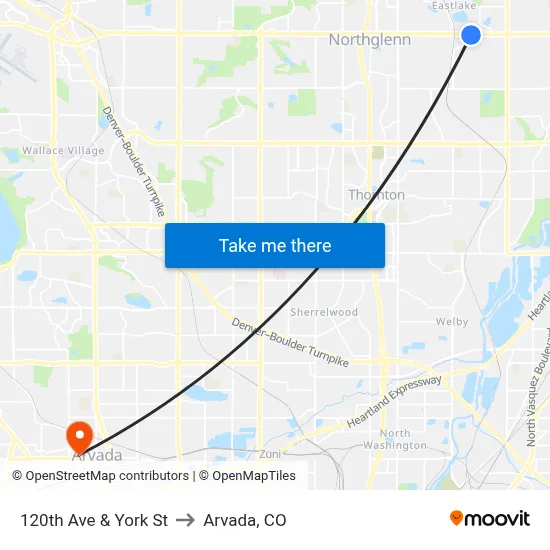 120th Ave & York St to Arvada, CO map