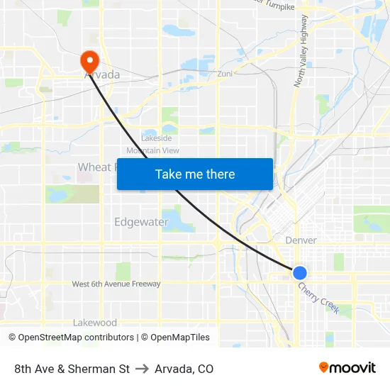 8th Ave & Sherman St to Arvada, CO map