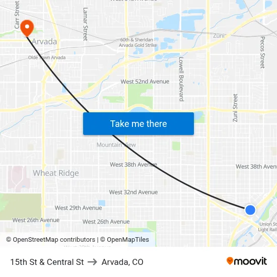 15th St & Central St to Arvada, CO map