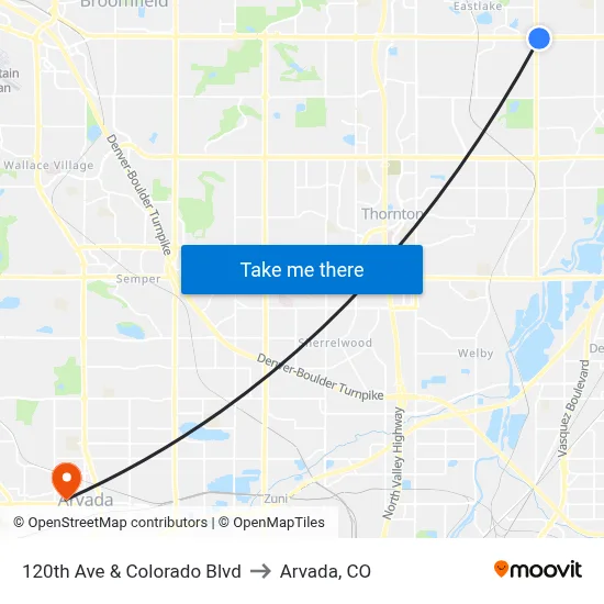 120th Ave & Colorado Blvd to Arvada, CO map