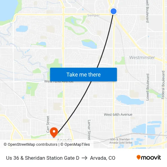 Us 36 & Sheridan Station Gate D to Arvada, CO map