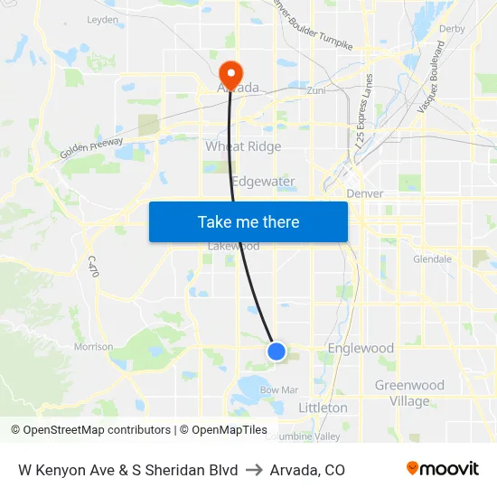 W Kenyon Ave & S Sheridan Blvd to Arvada, CO map