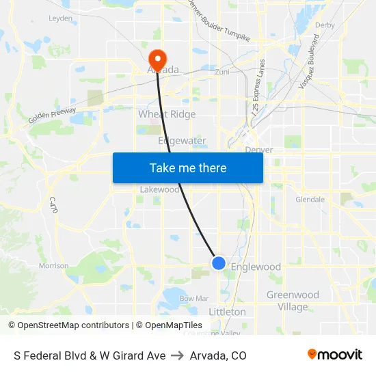 S Federal Blvd & W Girard Ave to Arvada, CO map