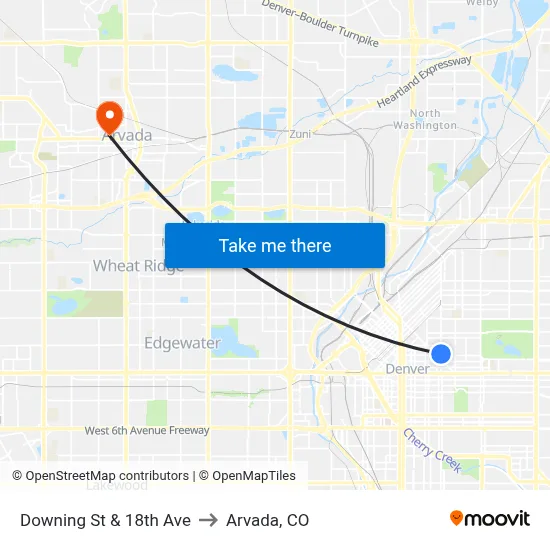 Downing St & 18th Ave to Arvada, CO map