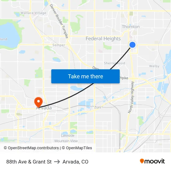 88th Ave & Grant St to Arvada, CO map