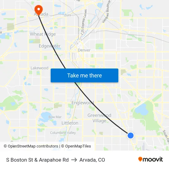 S Boston St & Arapahoe Rd to Arvada, CO map